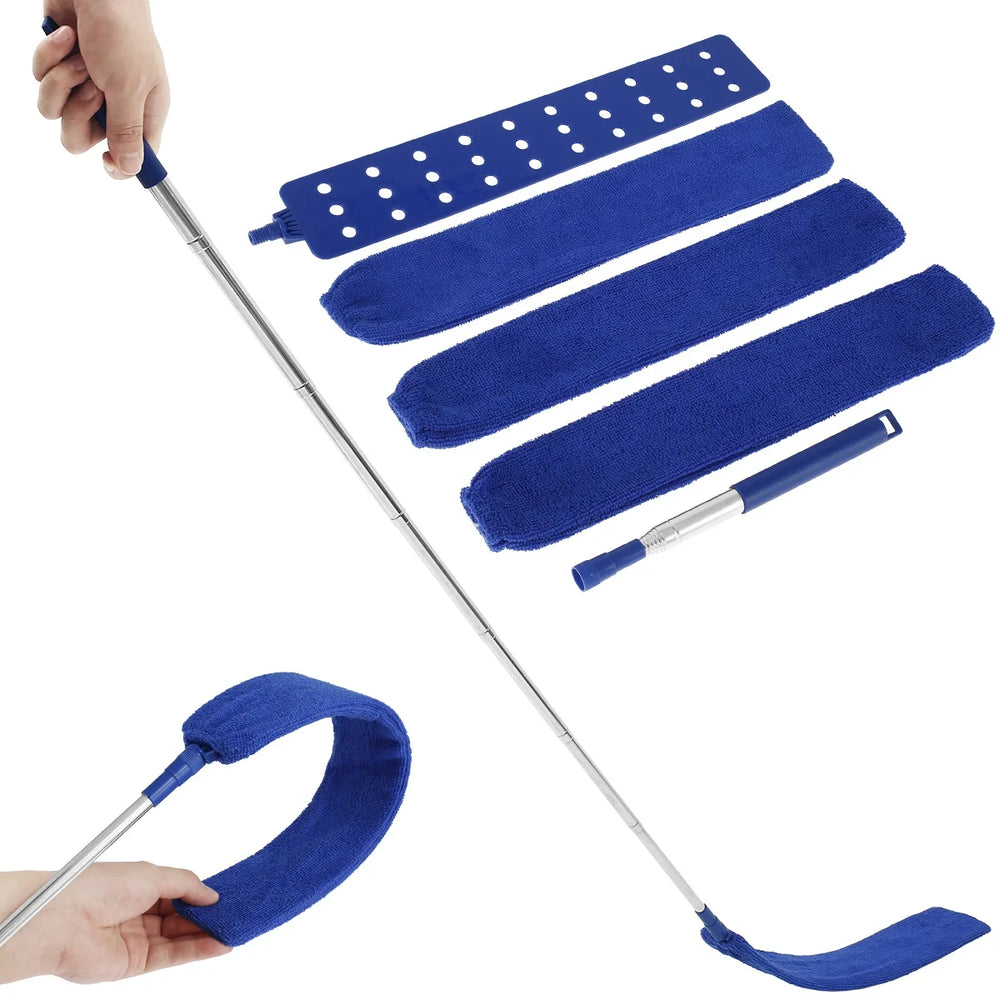 Platte stofwisser in blauw met uitschuifbare steel en drie microvezelhoezen