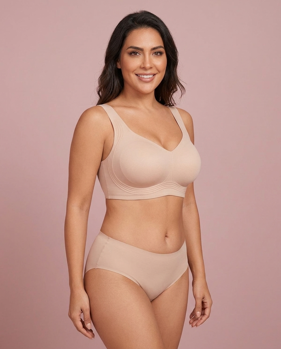 A woman wearing the CMFY SoftLift™ Bra in Beige, photographed front-on.