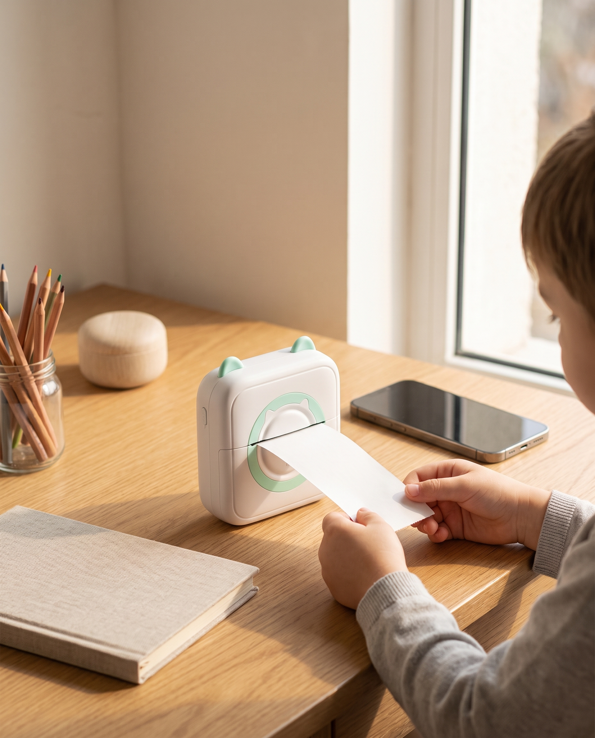 Child at a desk pulling a freshly printed strip from the pocket thermal printer