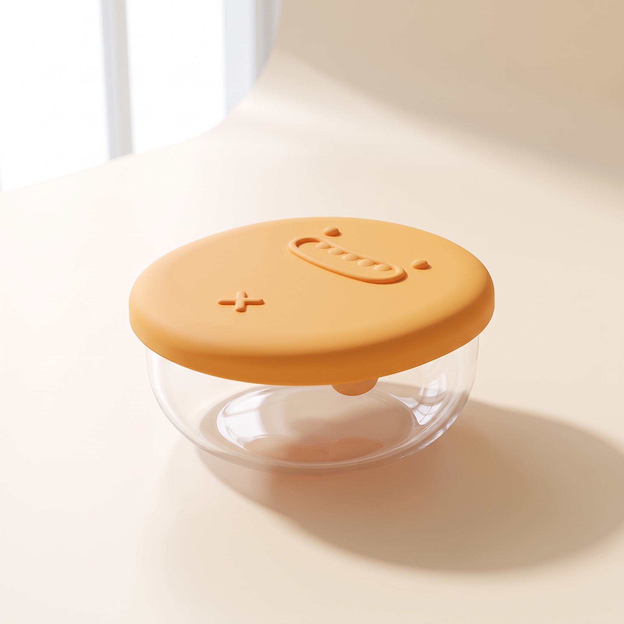 Clear snack pot with a soft orange silicone lid, closed, on a pale worktop