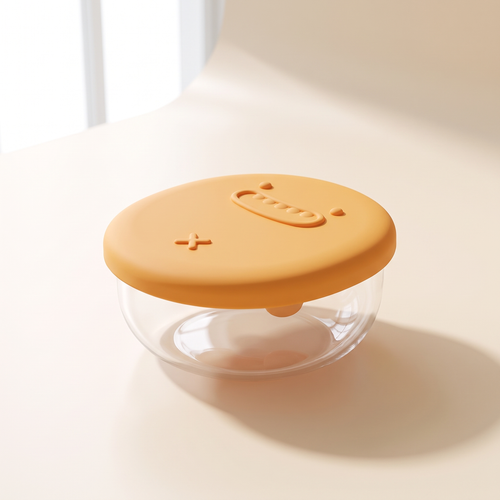 Clear snack pot with a soft orange silicone lid, closed, on a pale worktop