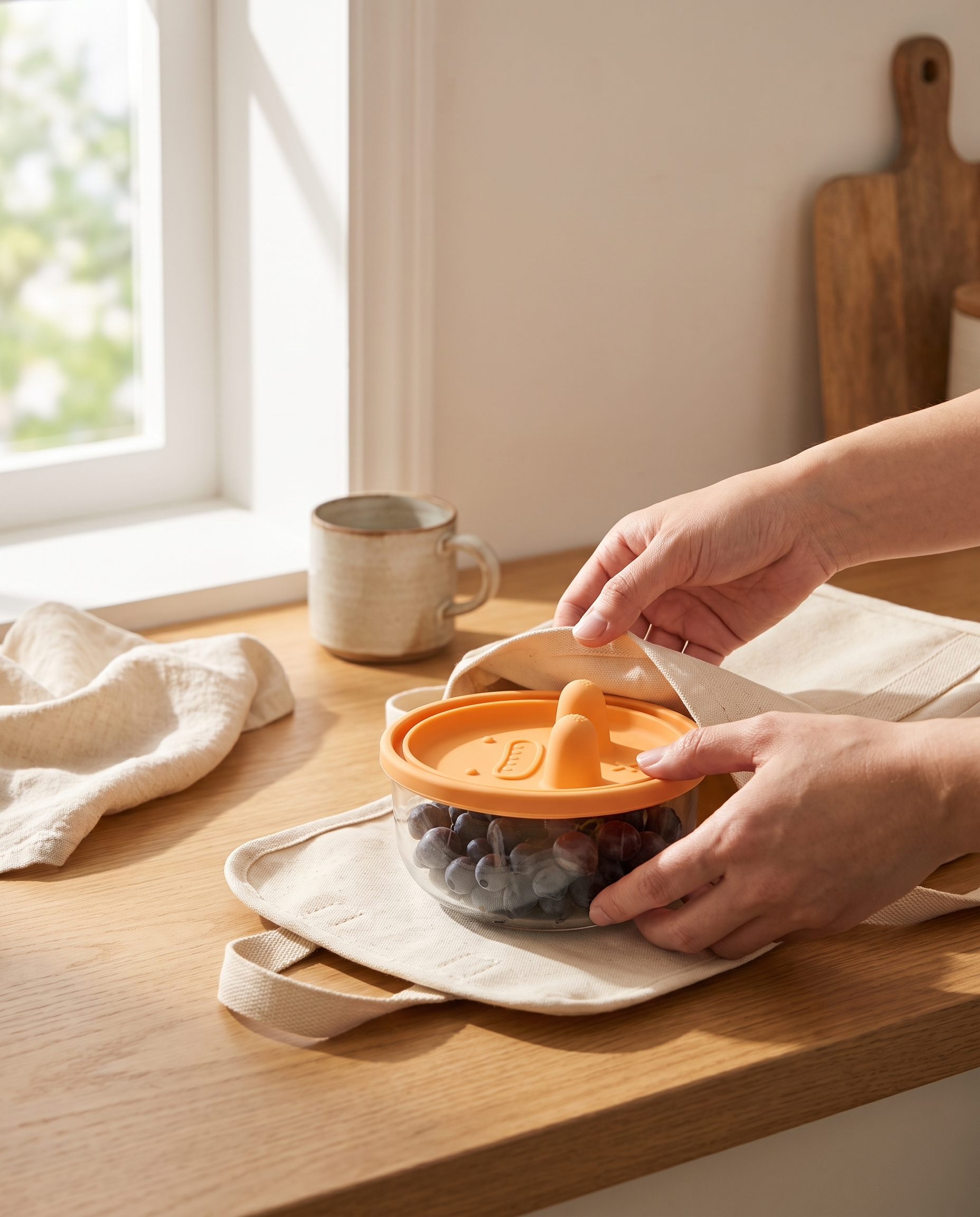 Hands sealing the snack pot full of berries on a kitchen worktop beside a canvas bag