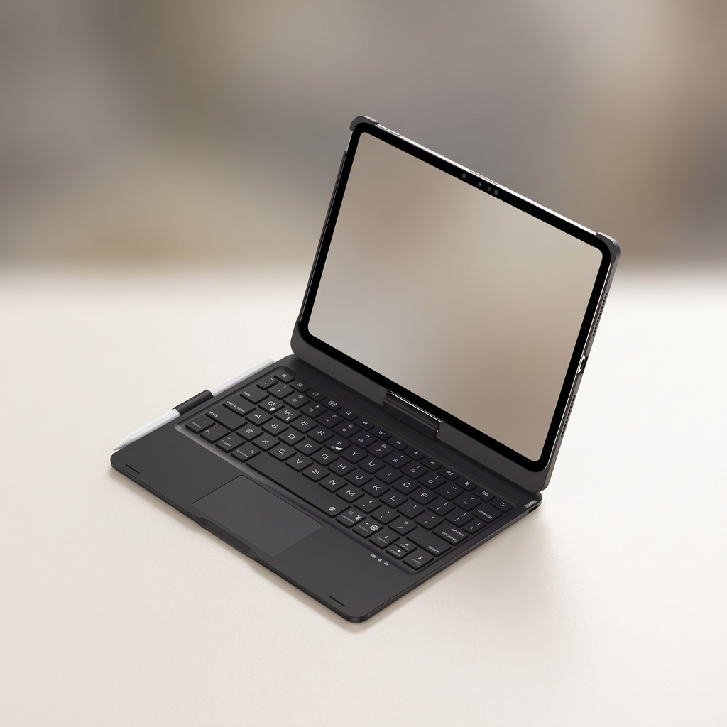Black iPad keyboard folio case open like a laptop, showing the backlit keyboard and trackpad