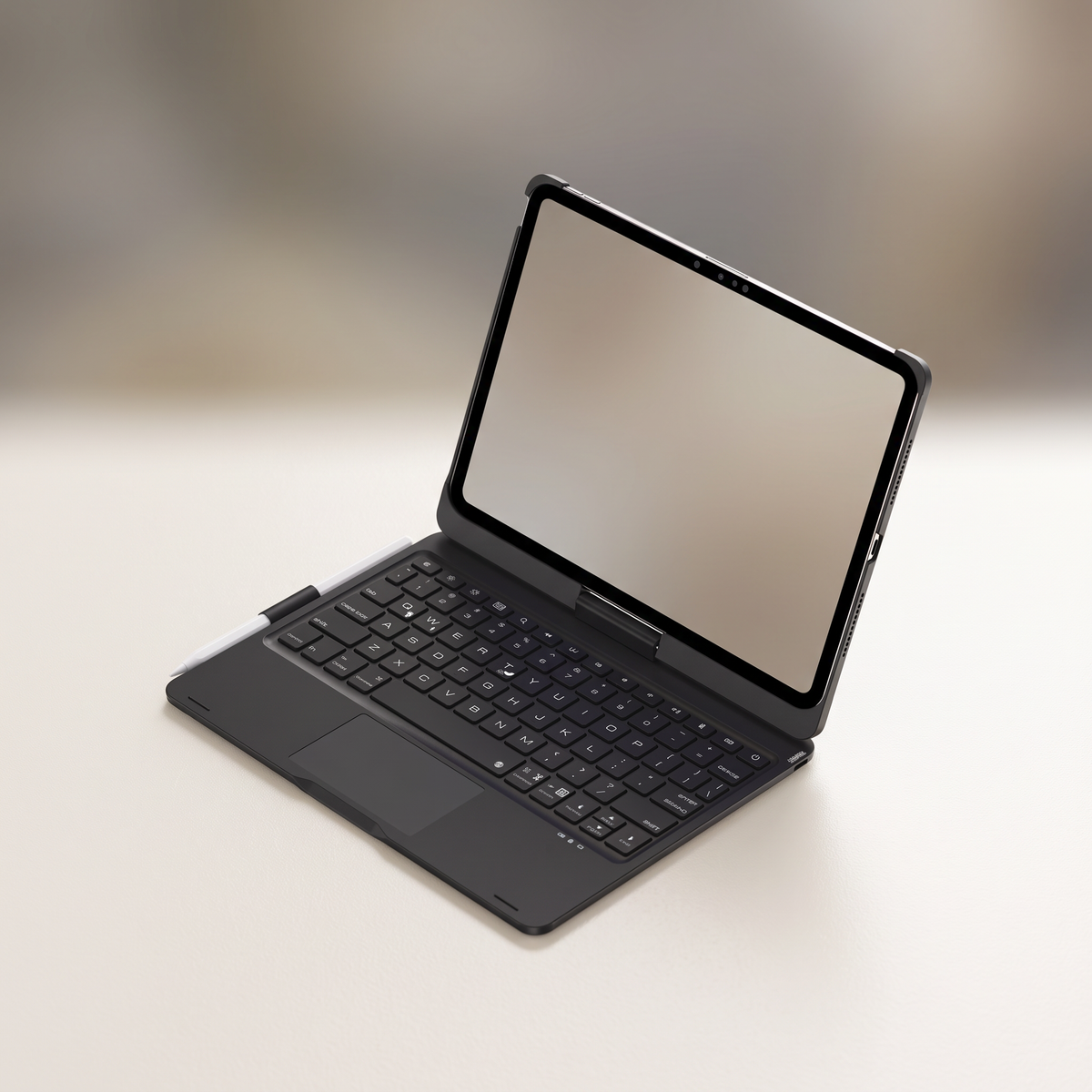 Black iPad keyboard folio case open like a laptop, showing the backlit keyboard and trackpad