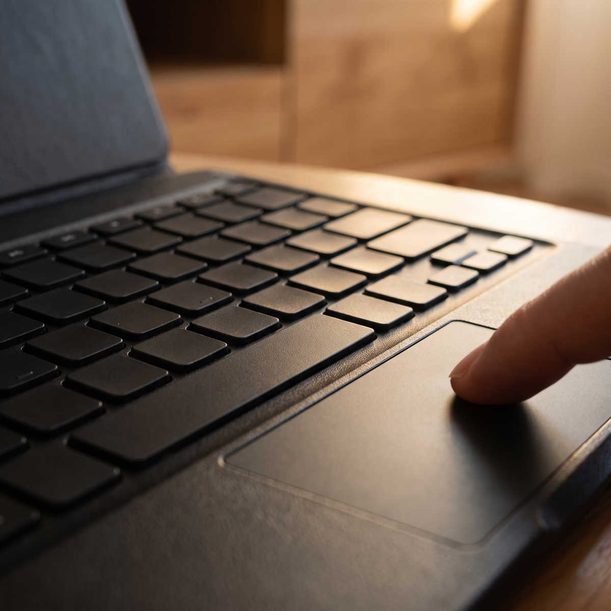 Close-up of the backlit keys and trackpad on the iPad keyboard case