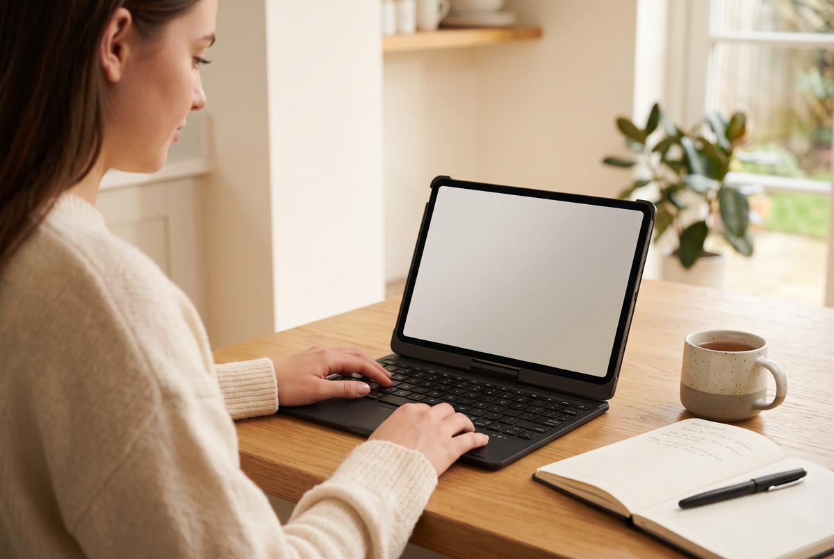 Woman typing on the iPad keyboard case at an oak kitchen table in afternoon light