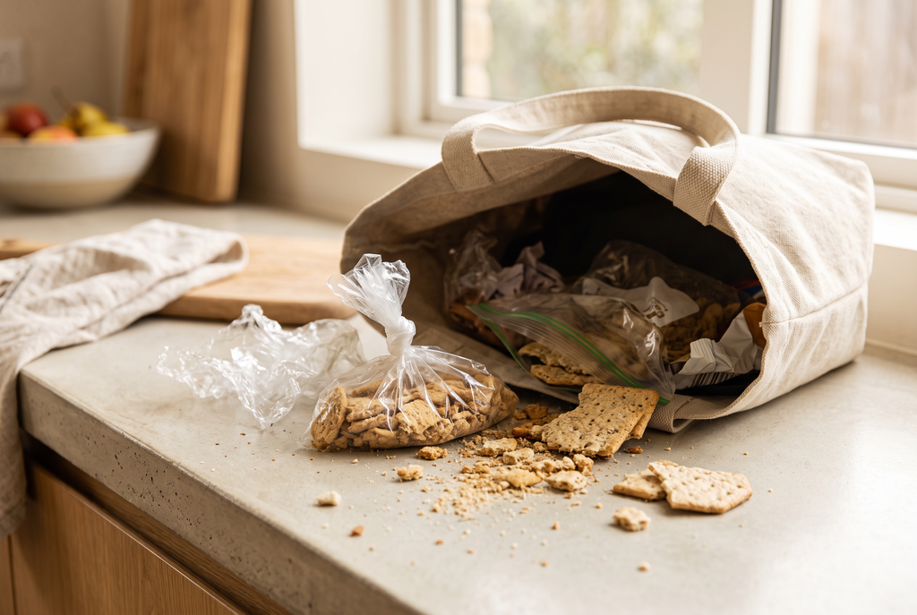 A tipped-over bag with crushed crackers and crumbs spilled across a worktop