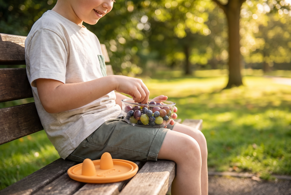 Child on a park bench eating grapes and blueberries from the open snack pot