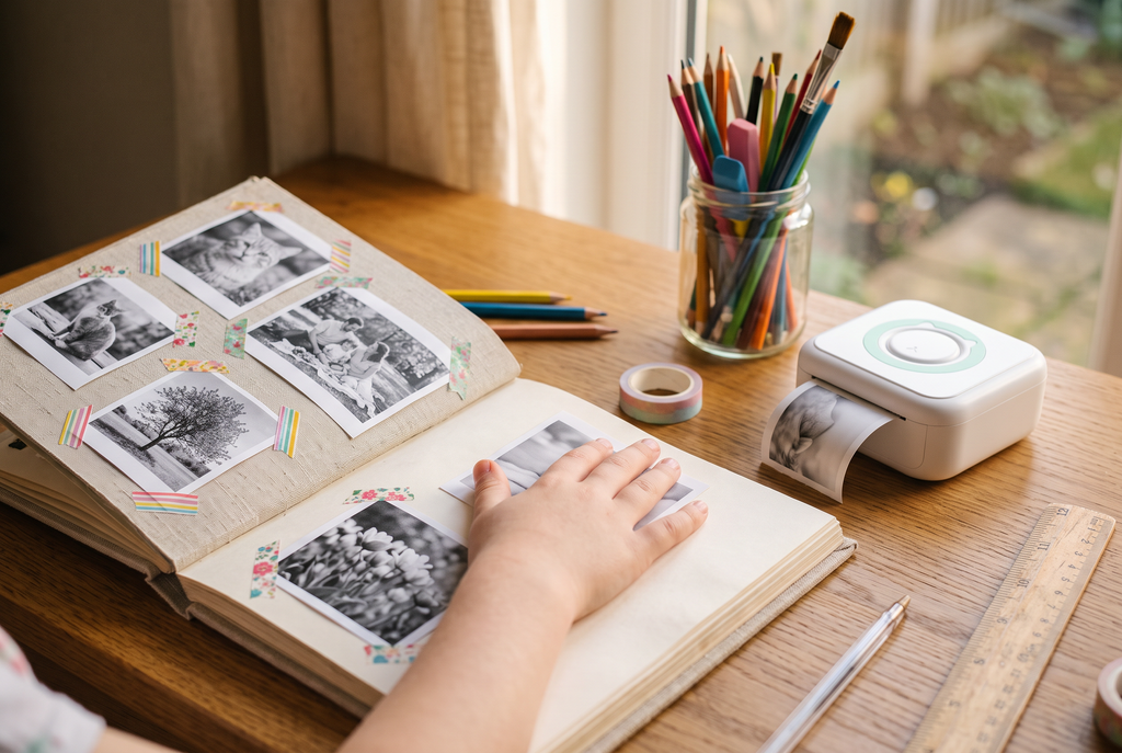 Printed photo strips taped into an open scrapbook beside the pocket printer