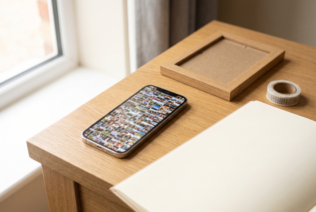 A phone full of photo thumbnails on a desk beside an empty frame and blank scrapbook