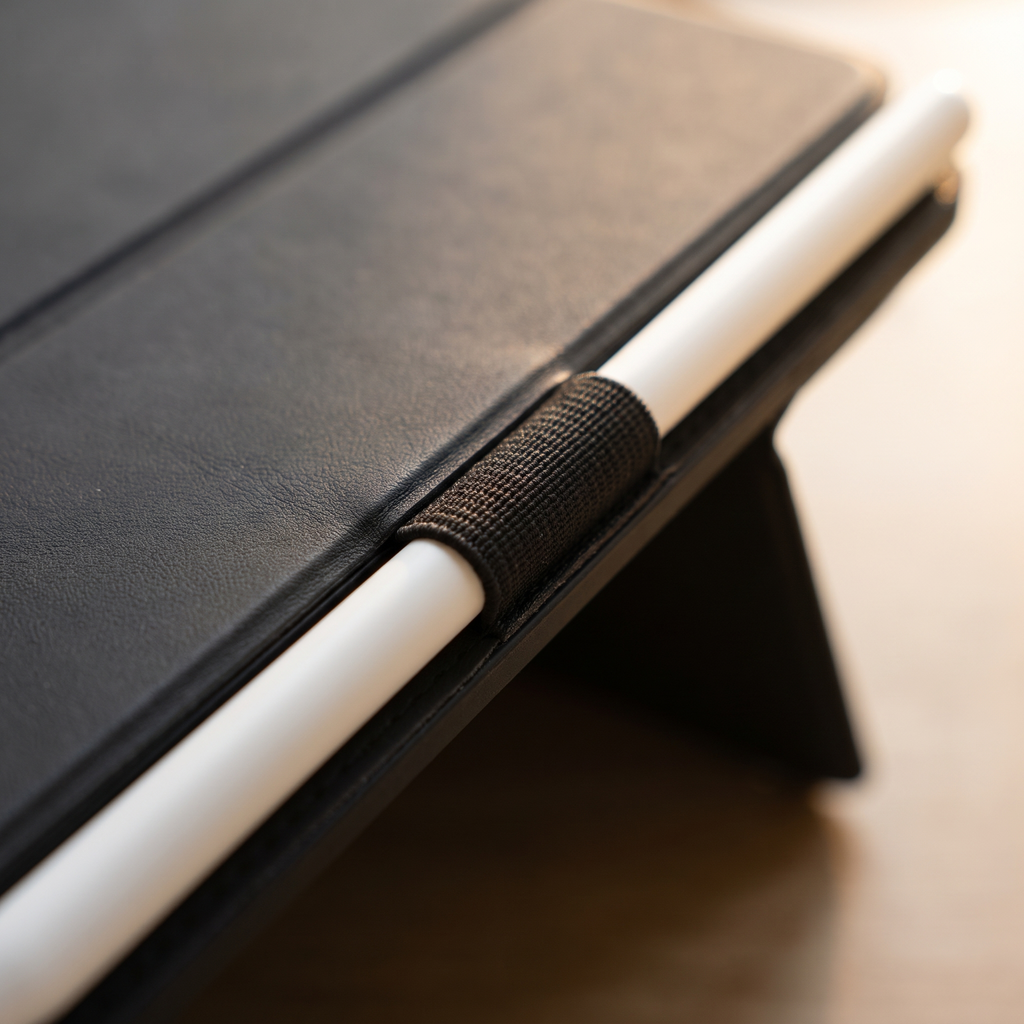 Close-up of the stylus loop on the spine of the keyboard case