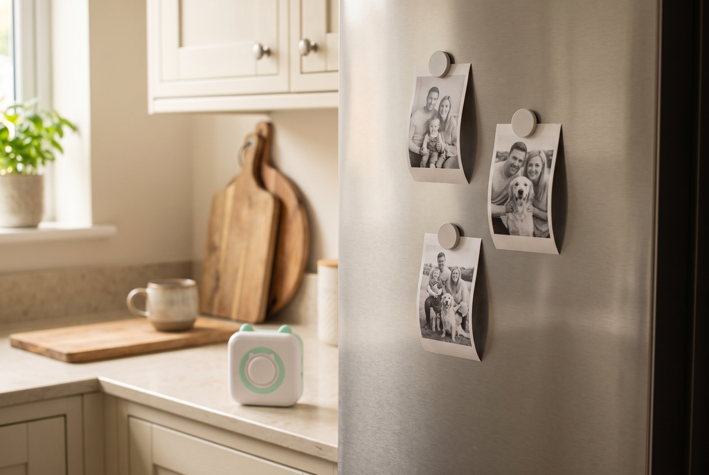 Printed photo strips held on a fridge door with magnets