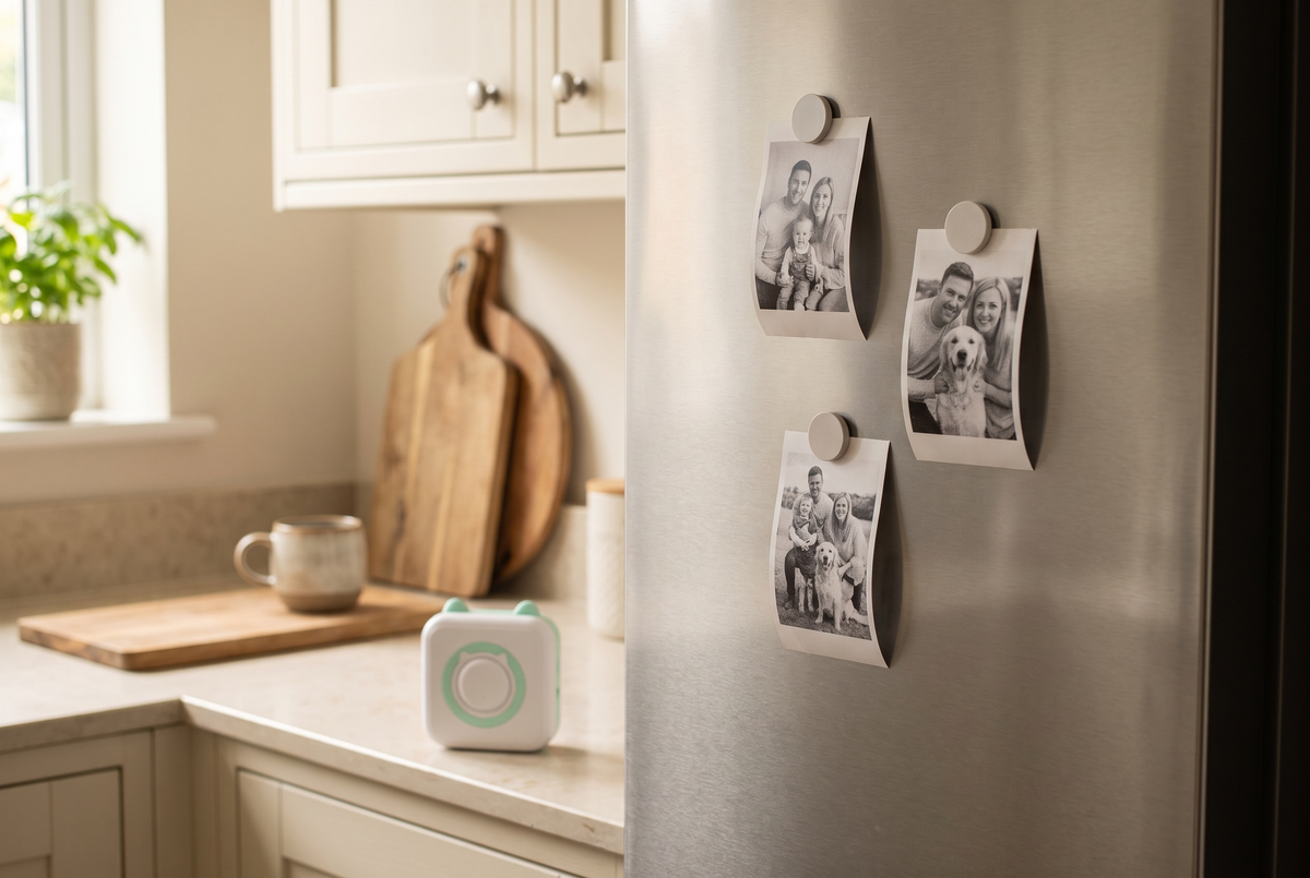Printed photo strips held on a fridge door with magnets