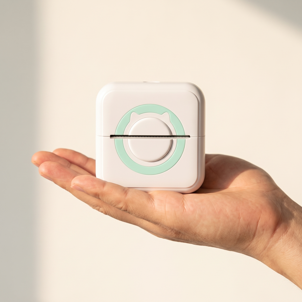 The pocket printer held in an open palm, showing how small it is