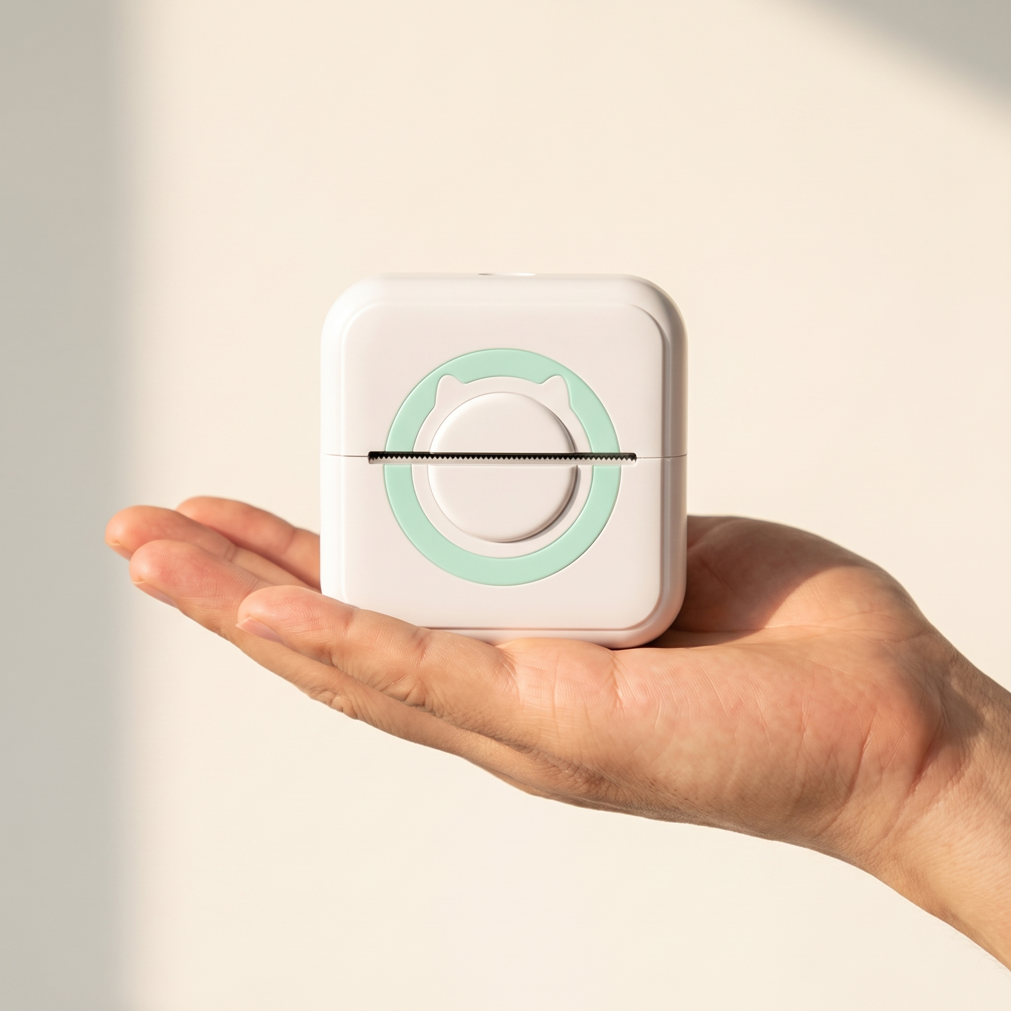 The pocket printer held in an open palm, showing how small it is