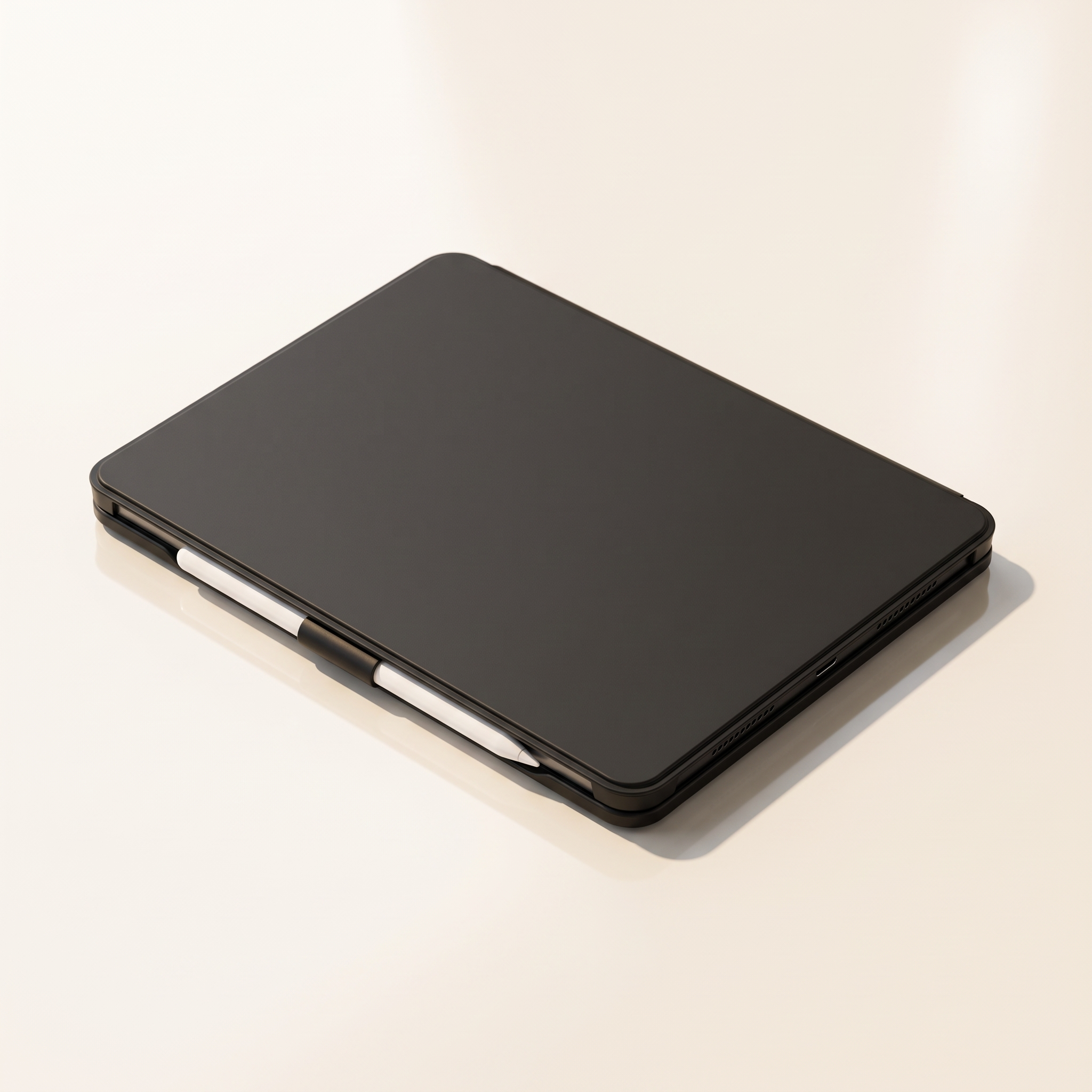 The keyboard folio case closed flat, showing its slim matte black profile