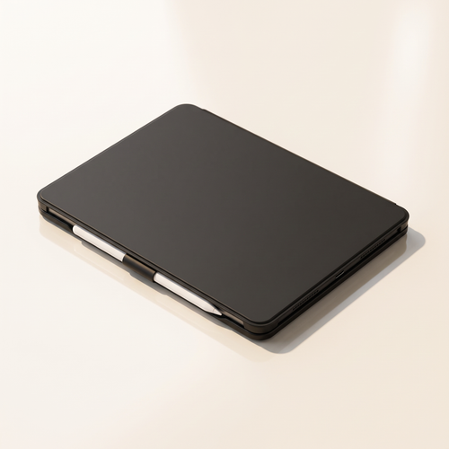 The keyboard folio case closed flat, showing its slim matte black profile