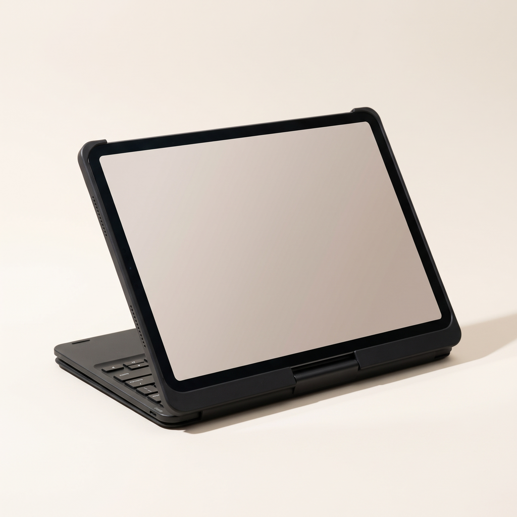 The case rotated into tablet mode with the keyboard folded behind the screen