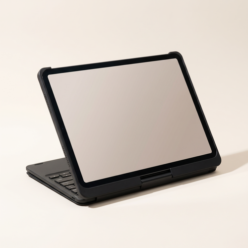 The case rotated into tablet mode with the keyboard folded behind the screen