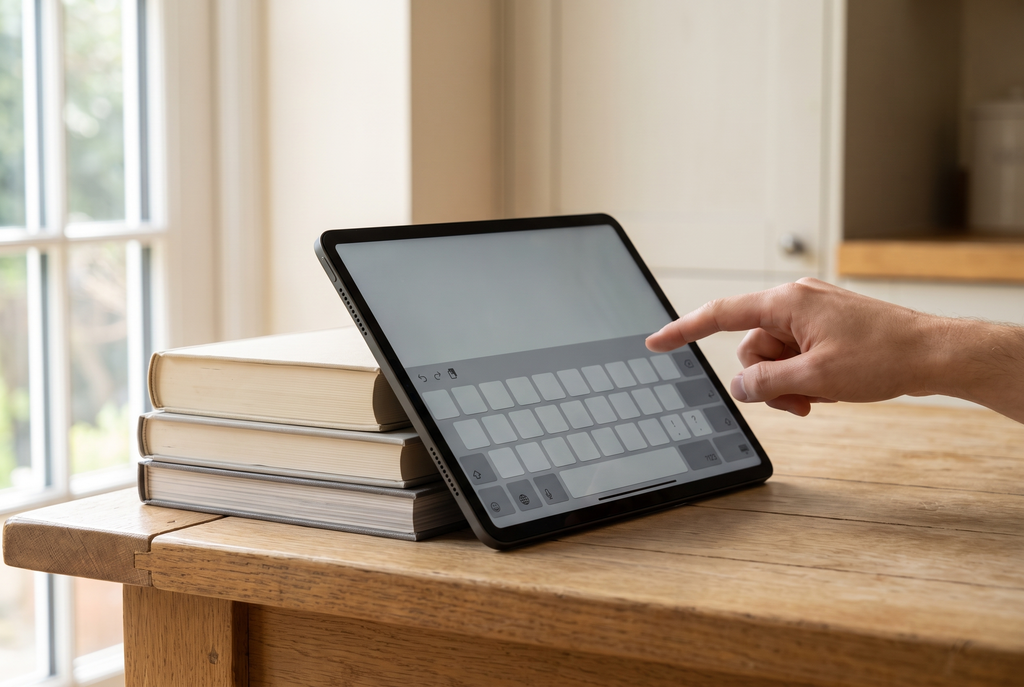 A bare tablet propped on books with an on-screen keyboard taking up half the display