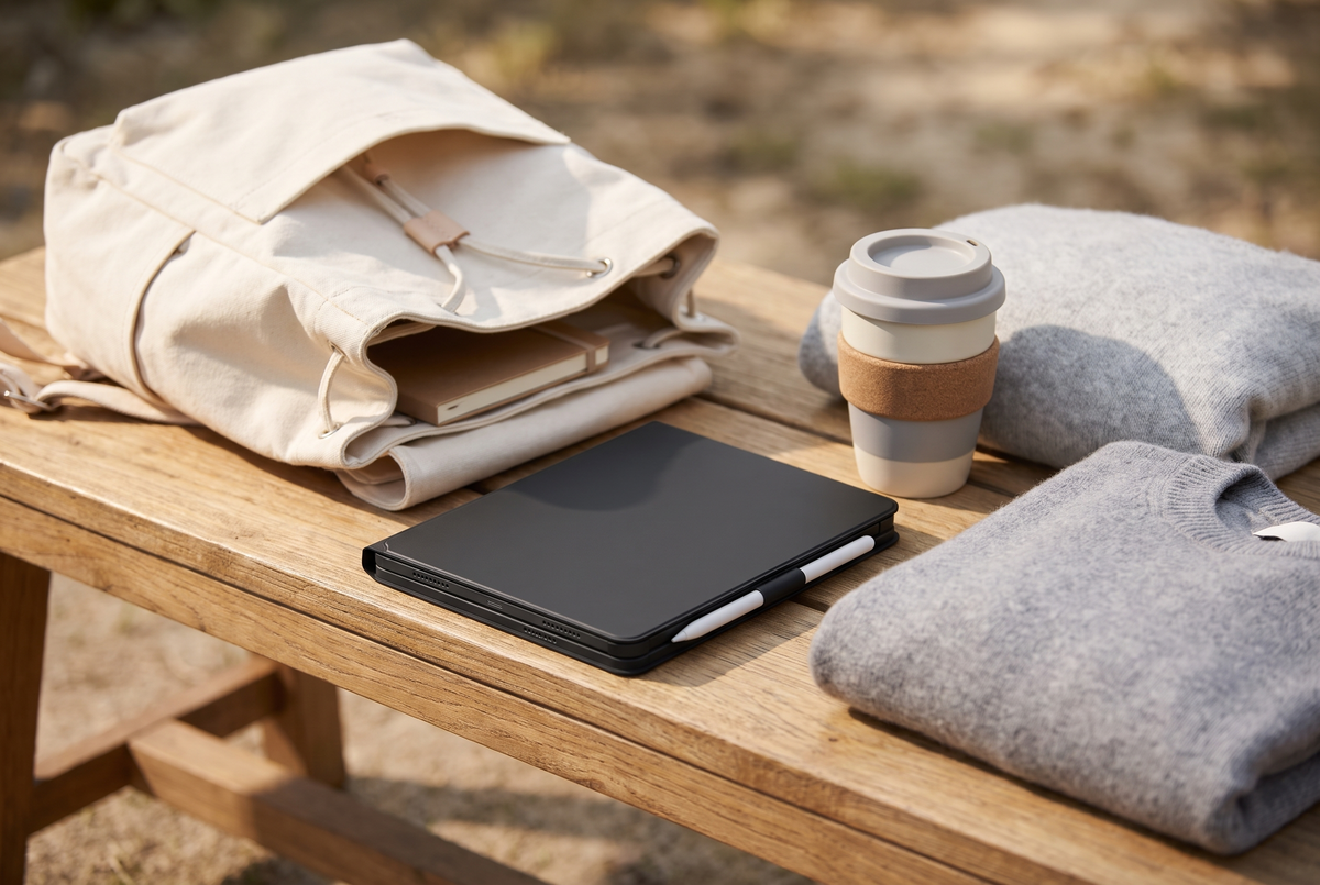 The closed keyboard case packed on a bench beside a rucksack and a keep cup