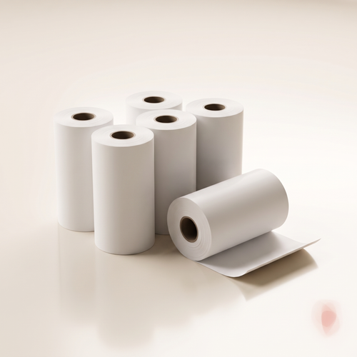 Five rolls of blank white thermal printer paper grouped on a pale surface