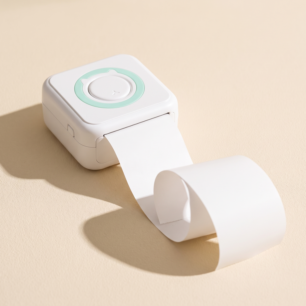 The pocket printer with a long blank paper strip curling out across the surface