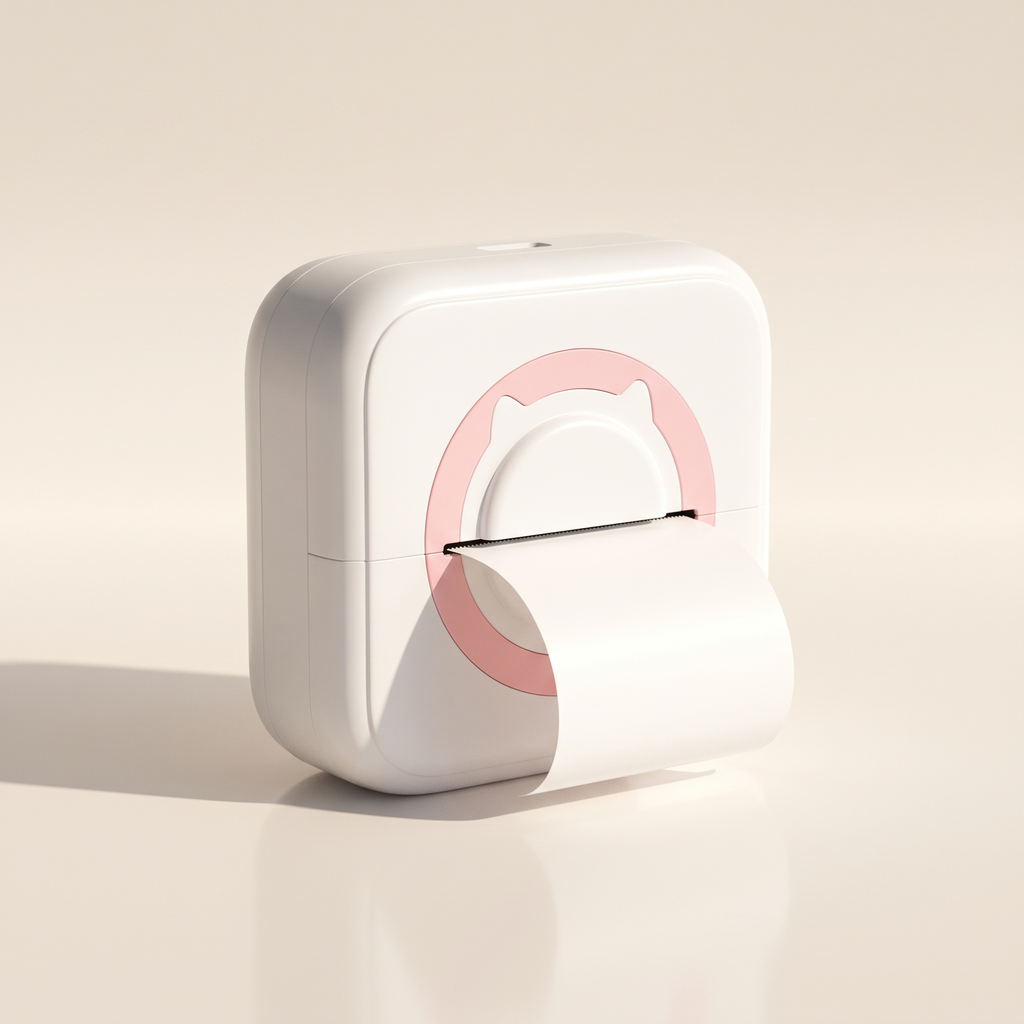 The pocket photo printer in blossom pink with a blank paper strip