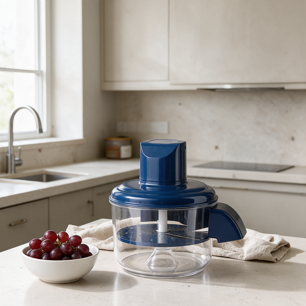 The electric peeler on a kitchen worktop beside a bowl of grapes