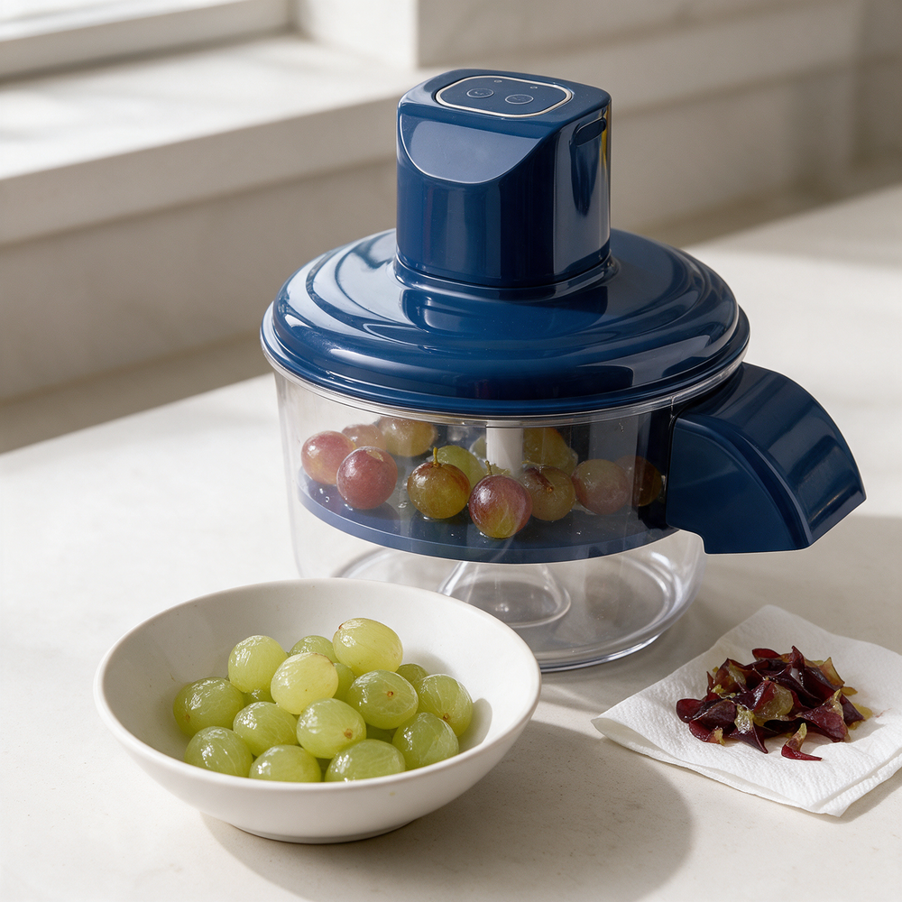 A bowl of peeled grapes beside the machine