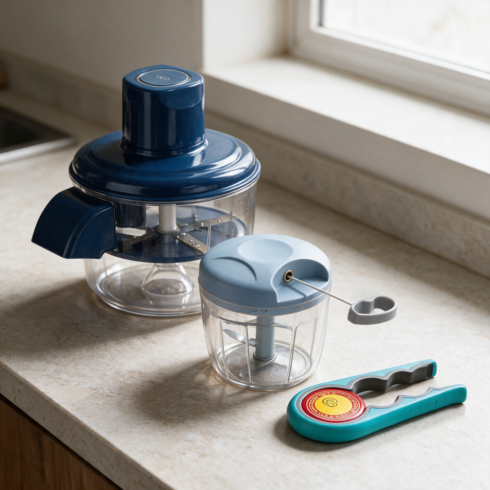 The three-piece kitchen prep set on a worktop: electric peeler, hand-pull chopper and jar opener