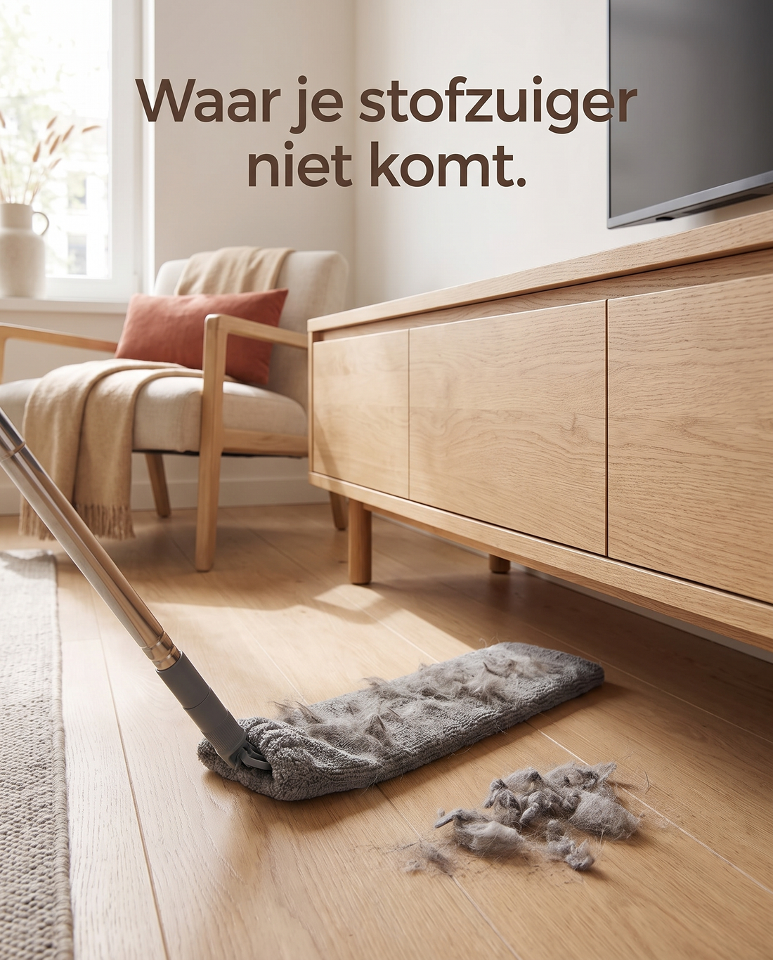 Stof onder een tv-kast, weggehaald met de platte stofwisser