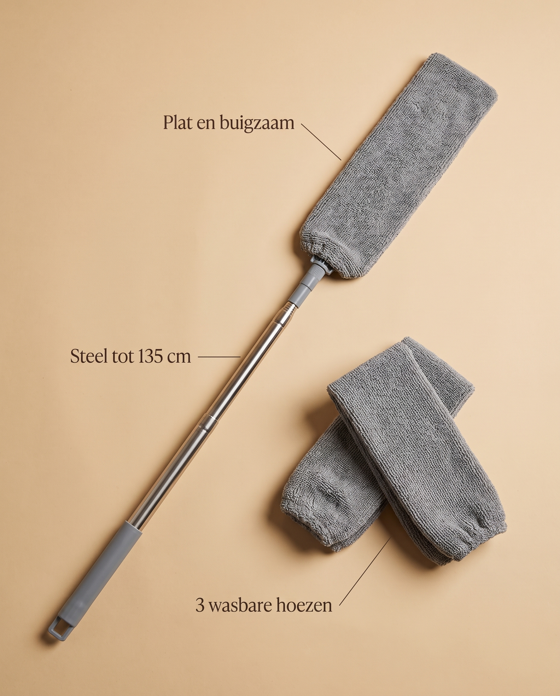 Platte stofwisser met steel tot 135 cm en twee reservehoezen